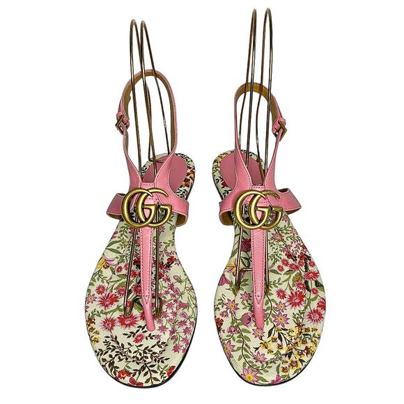 Gucci Marmont GG Logo Charlotte Nappa Leather Sandals Butterfly Pink EU 37.5 - Picture 2 of 11